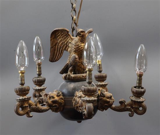 A 19th century French Restauration, bronze and ormolu five light electrolier, diameter 18in. height 15in.